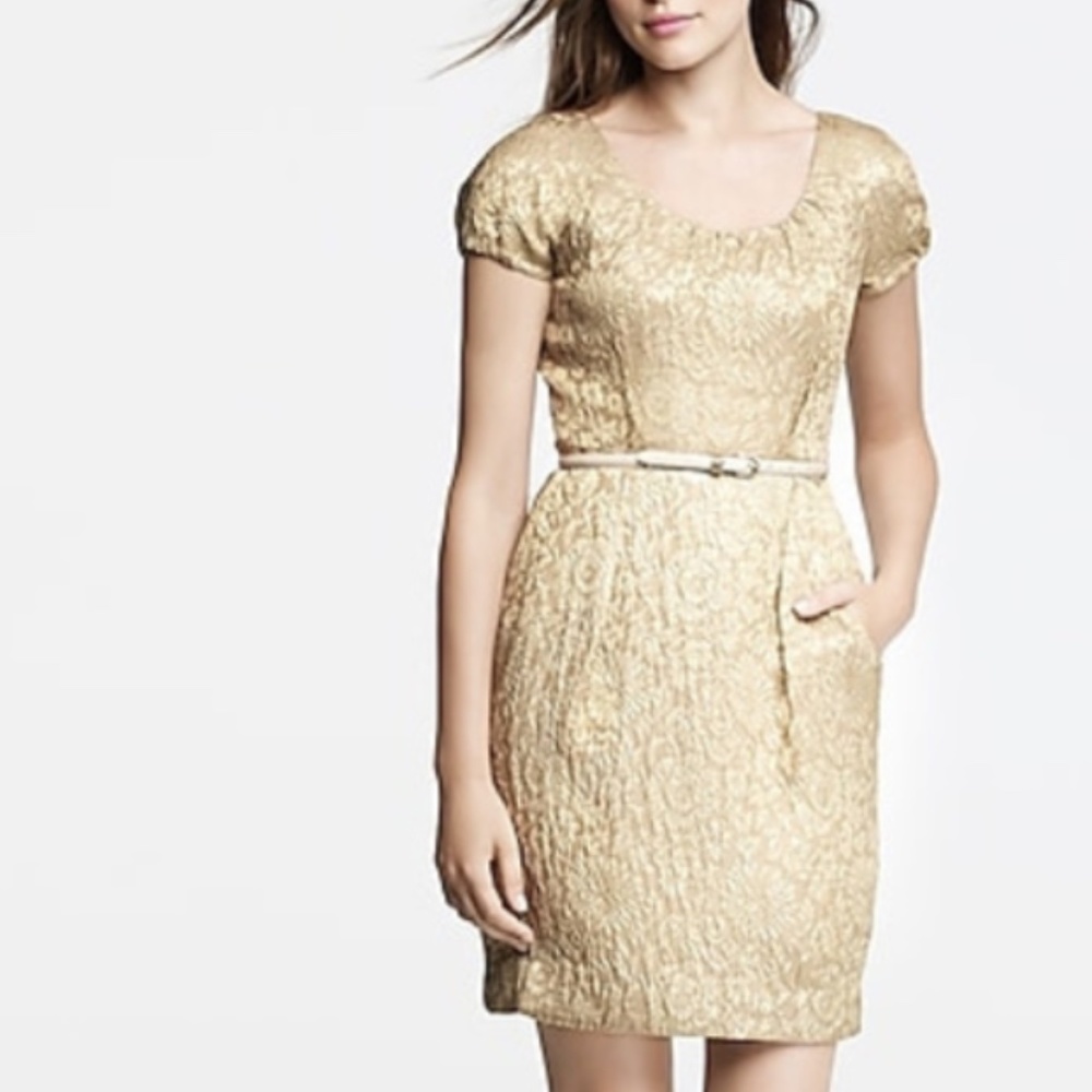 J. Crew Gold Metallic Floral Scoopneck Dress
